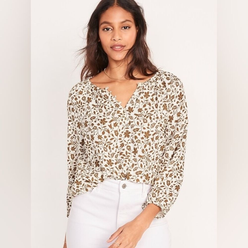 Old Navy Shirred Double Weave Floral Boho Blouse Womens Size XL